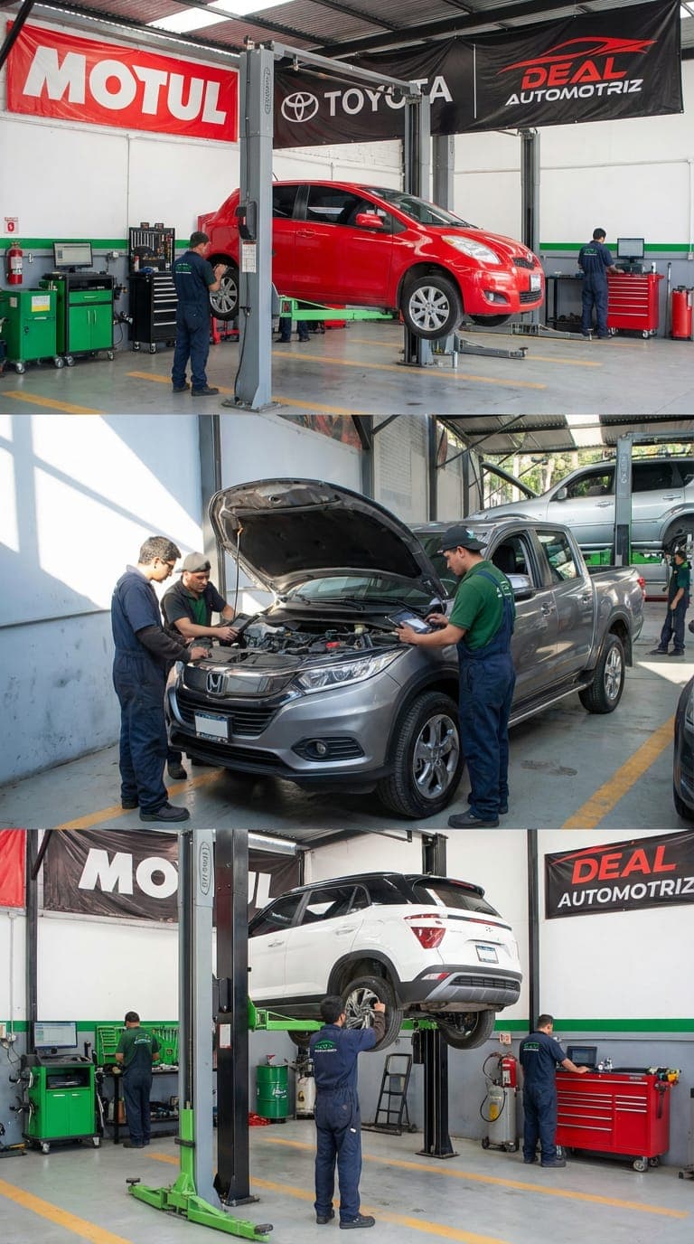 Vista exterior del taller Deal Automotriz con múltiples bahías de servicio